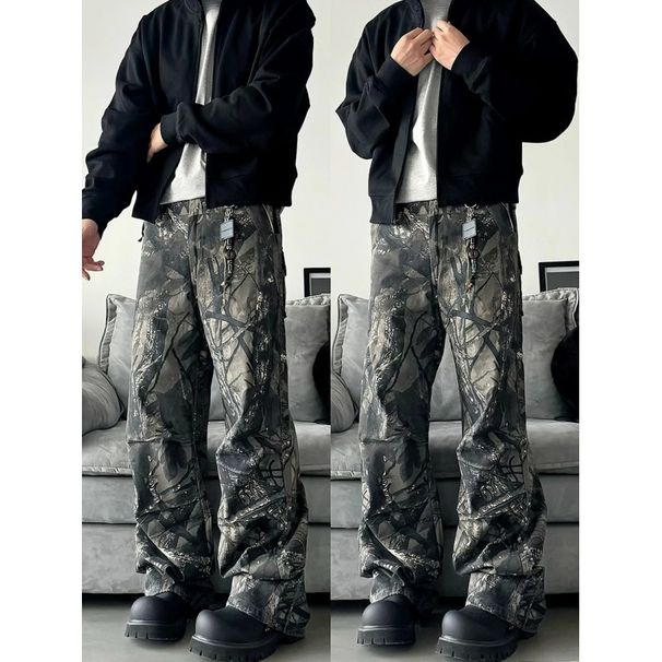 Men's Retro Camouflage Tree Branch Pattern Jeans Loose Straight Leg Cargo Pants Versatile Style For Spring And Autumn_mkmklike.com