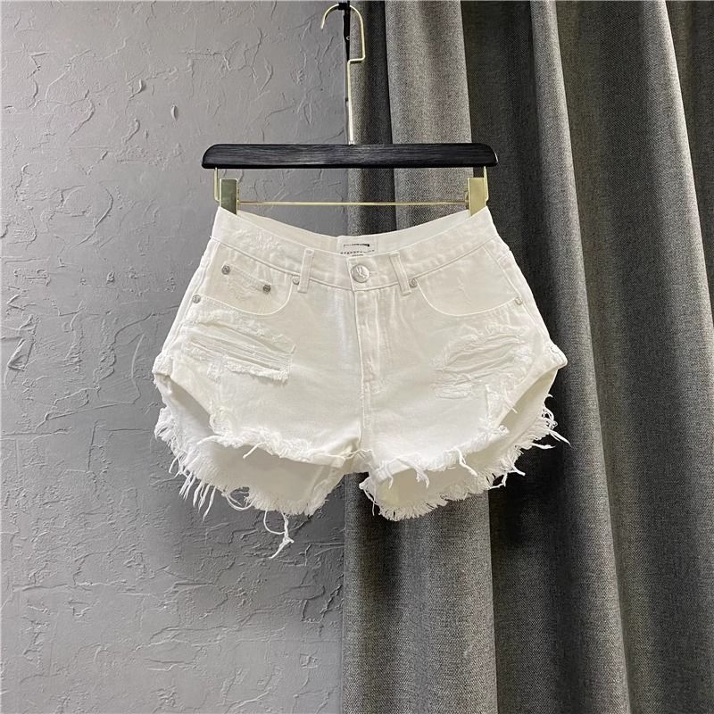 European Style White Denim Shorts For Women, 2026 New Summer Style, Hot Girl Ripped Jeans, Casual And Fashionable Wide Leg A Line Hot Pants_mkmklike.com