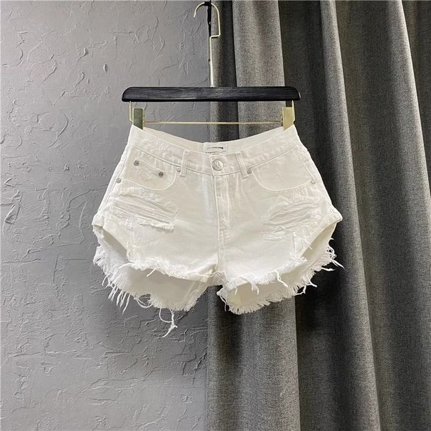 European Style White Denim Shorts For Women, 2026 New Summer Style, Hot Girl Ripped Jeans, Casual And Fashionable Wide Leg A Line Hot Pants_mkmklike.com