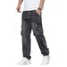 Men's American Style Multi Pocket Cargo Jeans Straight Leg Loose Fit Black Gray Heavyweight Trendy Wide Leg_mkmklike.com