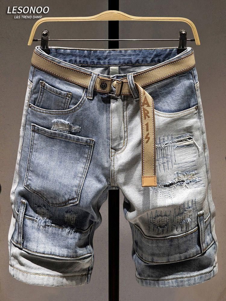 Men's Distressed Denim Shorts Stylish Patchwork Cargo with Multiple Pockets Sizes 28 to 36_mkmklike.com