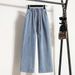 Plus-size Women's Elastic Waist Jeans, Mid-rise, Slimming, Thin Straight-leg Pants, Loose And Versatile Wide-leg Pants_mkmklike.com