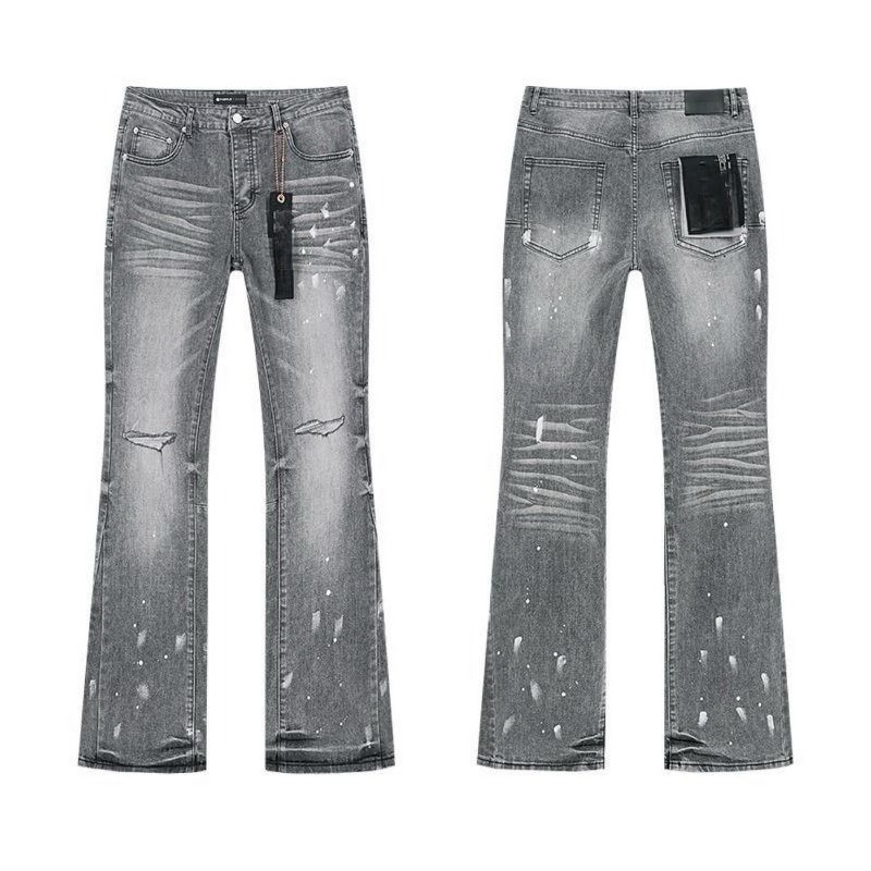 Men Women Y2K Flared Jeans, Vintage Charcoal Wash, Symmetrical Ripped Knees, Splatter, Summer_mkmklike.com