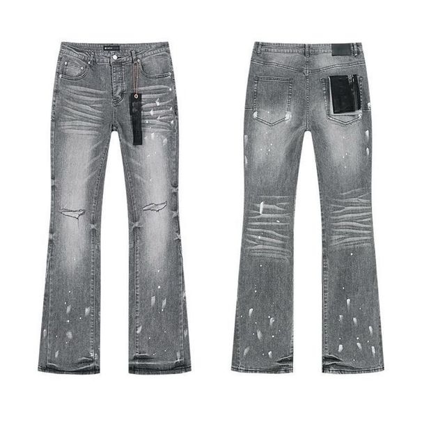 Men Women Y2K Flared Jeans, Vintage Charcoal Wash, Symmetrical Ripped Knees, Splatter, Summer_mkmklike.com