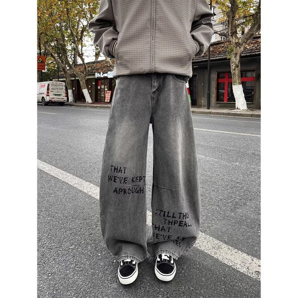 High Street Loose Fitting Wide Leg Curved Jeans Men's American Style Letter Print Silhouette Washed Straight Leg Drape Distressed Trousers_mkmklike.com