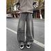 High Street Loose Fitting Wide Leg Curved Jeans Men's American Style Letter Print Silhouette Washed Straight Leg Drape Distressed Trousers_mkmklike.com