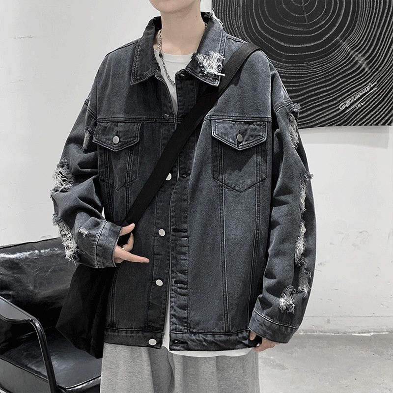 Pulse Pulse Men's Denim Loose Fit High-End Style Cool European American High Street Hip-Hop Spring And Autumn Ripped Jacket_mkmklike.com