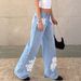 Light Blue Washed Wide Leg Jeans for Women High Waist Lace Pocket Gentle Style Loose Fit Floor Length NY1021_mkmklike.com