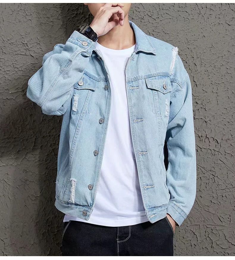 Men's Denim Jacket With Distressed Details – Oversized Boyfriend Fit, Casual Streetwear, Unisex Couple Outfit (Light Blue, S-XXXL)_mkmklike.com