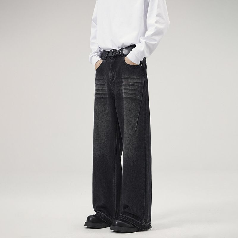 Men's Clothing Frayed Hem Jeans Cleanfit Trendy Loose Wide Leg Straight Leg Pants American High Street Style Archer0603_mkmklike.com