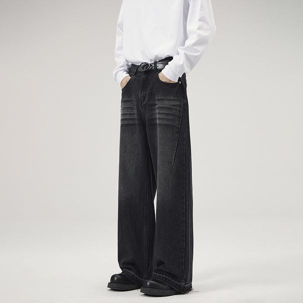 Men's Clothing Frayed Hem Jeans Cleanfit Trendy Loose Wide Leg Straight Leg Pants American High Street Style Archer0603_mkmklike.com