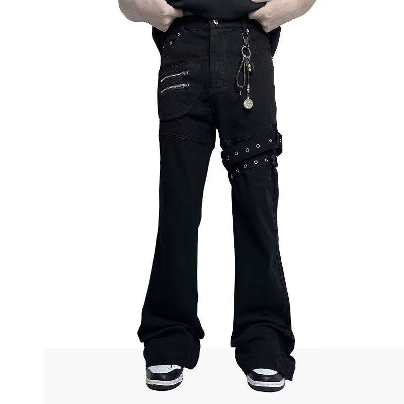 Men's Black High-Street Vibe Flared Jeans With Lace-Up Detail – Slim Fit Stretch Denim Pants For Casual Wear_mkmklike.com