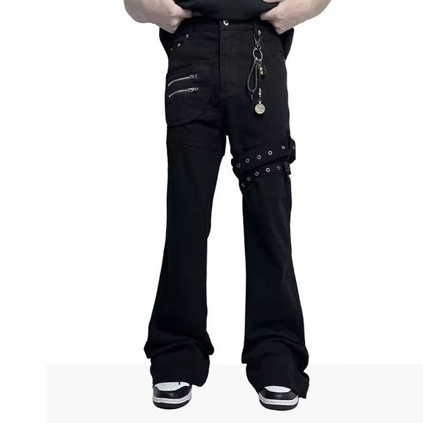 Men's Black High-Street Vibe Flared Jeans With Lace-Up Detail – Slim Fit Stretch Denim Pants For Casual Wear_mkmklike.com