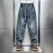 American Casual Jeans Men's Trendy High Street Loose Straight Youth Striped Patchwork Wide Leg Pants_mkmklike.com
