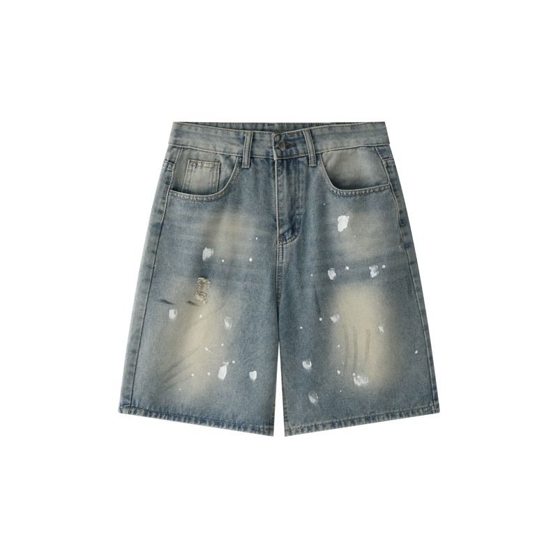 Streetwear Splatter Paint Denim Shorts – Vintage-Inspired Unisex 5-Inch Shorts With Belt Loops & Distressed Details (Hip-Hop Aesthetic)_mkmklike.com