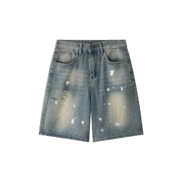 Streetwear Splatter Paint Denim Shorts – Vintage-Inspired Unisex 5-Inch Shorts With Belt Loops & Distressed Details (Hip-Hop Aesthetic)_mkmklike.com