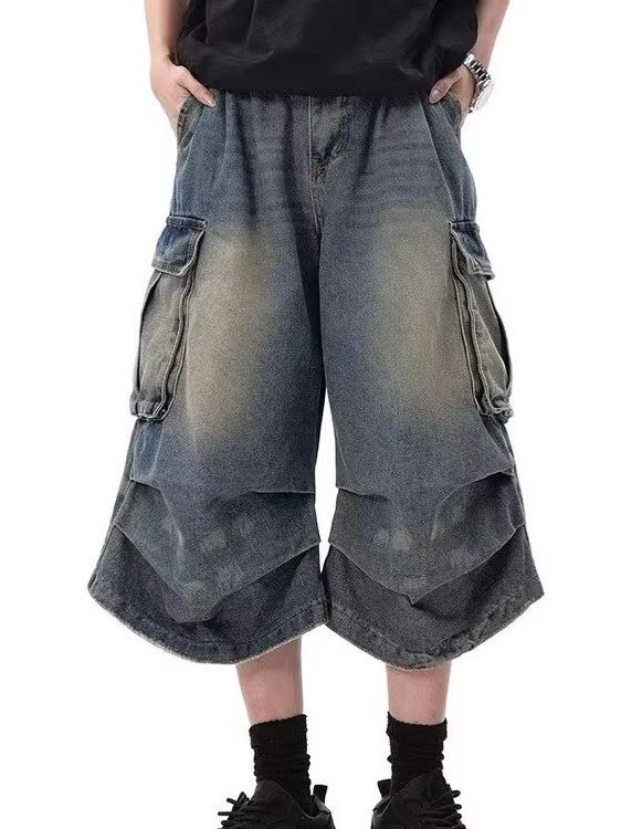 Men's Clothing Retro White Washed Multi Pocket Workwear Denim Shorts Men's Pleated Design Loose Drape Cropped Pants_mkmklike.com
