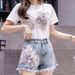 Women's clothing white t-shirt for women + heavy industry embroidered denim skirt suit wholesale hip skirt two-piece set_mkmklike.com