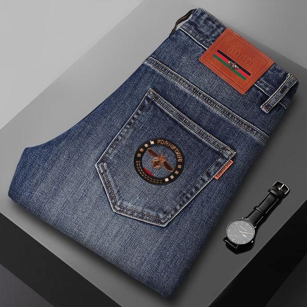 Pulse 2025 Autumn Winter New High-End Light European Style Little Bee Jeans Men's Slim Fit Trendy Skinny Casual Pants_mkmklike.com