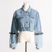 Women's Casual Fashion Short Denim Jacket Color Block Belted Baseball Jacket Indigo Blue Solid_mkmklike.com