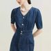 Fan Silan Denim Long Dress, Women's Summer New V-Neck Slim Fit Fishtail Dress_mkmklike.com