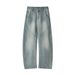 "Men's Distressed Patchwork Jeans – Vintage Washed With Asymmetrical Cut | Retro Loose Fit For Urban Streetwear"_mkmklike.com