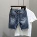 Men's Clothing Summer Trendy Brand Internet Celebrity Ripped Denim Shorts Men's Korean Style Trendy Slim Fit Blue Trendy Five Point Shorts_mkmklike.com