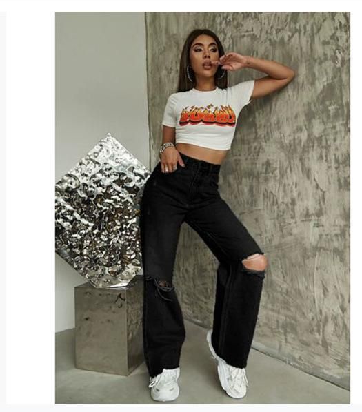 Women's Draped Denim Jeans Cross Border Foreign Trade Factory Direct Sales Retro Ripped Wide Leg Floor Length Trousers_mkmklike.com