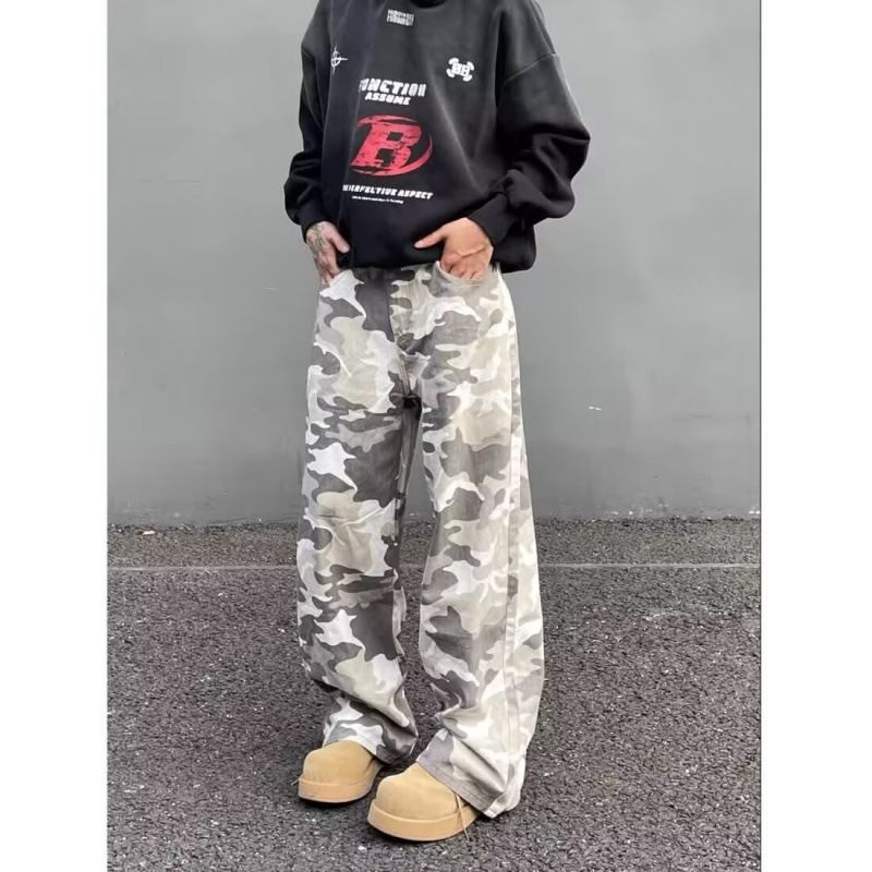 Men's Camouflage Cargo Jeans High Street Straight Leg Logging Pants Trendy Loose Wide Leg Pants For Spring And Autumn_mkmklike.com