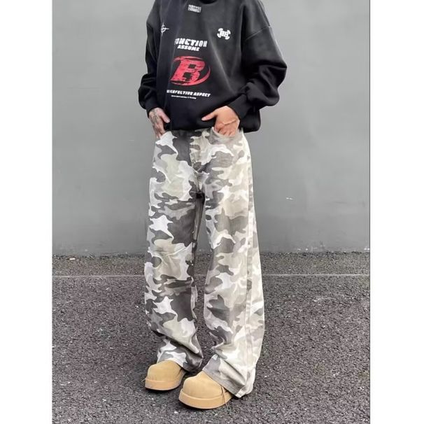 Men's Camouflage Cargo Jeans High Street Straight Leg Logging Pants Trendy Loose Wide Leg Pants For Spring And Autumn_mkmklike.com