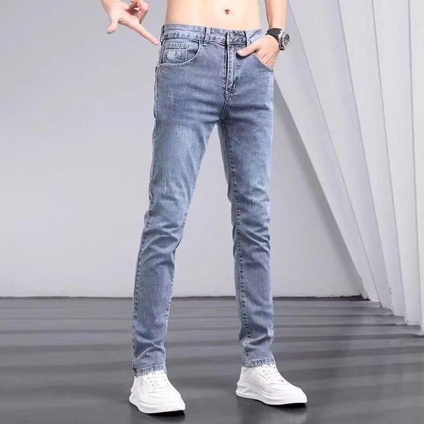 Men's Slim Fit Stretch Denim Jeans High End Trendy Versatile Low Waist Blue Long Pants Spring Style Polyester_mkmklike.com