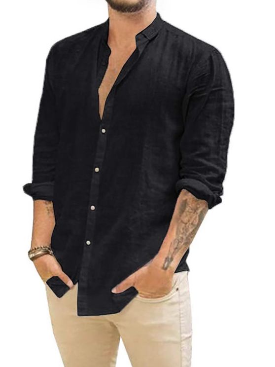 Men's Clothing Loose Linen Cardigan Solid Color Casual Stand Collar Long Sleeve Shirt_mkmklike.com