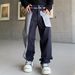 Men's Relaxed Fit Straight Leg Denim Jeans - Vintage Washed Blue With Patchwork Design, Korean Style Casual Trousers_mkmklike.com