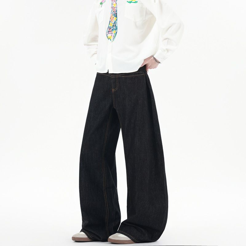 Men's Black Distressed Jeans – Vintage Washed Denim Pants With Low-Crotch Drop & Stacked Hem, 90s Grunge Streetwear Trousers_mkmklike.com