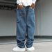 Men's Clothing Casual Striped Wide Leg Jeans With Multi Pockets American Street Style Blue Denim Jeans_mkmklike.com