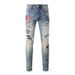 Vintage Trendy Men's High Street Jeans Men's Badge Embroidered Badge Boy Men's Ripped Elastic Slim Pants 6539_mkmklike.com