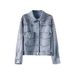 "Women's Distressed Denim Jacket With Sequin Embellishments - Vintage Washed Cropped Oversized Style (Light Blue/Black)"_mkmklike.com