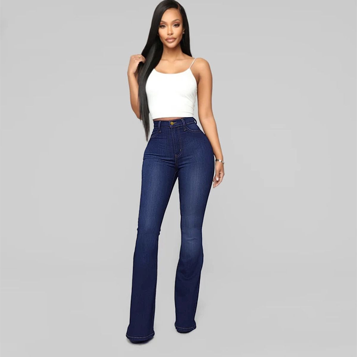 Women's High Waist Wide Leg Denim Pants - Comfortable Stretch Cotton Casual Trousers For Plus Size & Petite (Black, Gray, Light Blue, Navy, White)_mkmklike.com