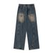 Washed And Distressed Loose Jeans For Men Street Fashion Design Split Stitching Casual Straight Wide-Leg Pants_mkmklike.com