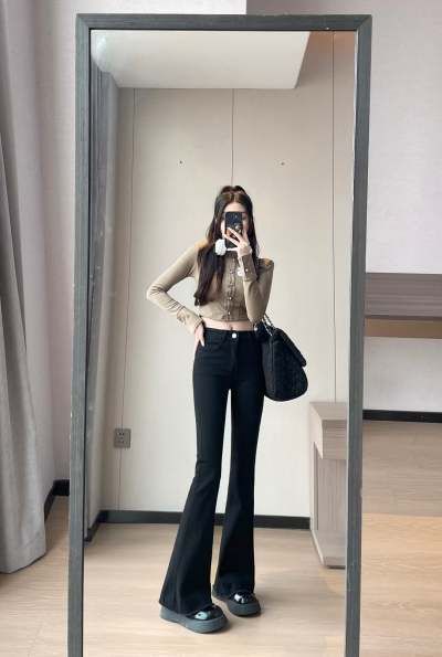 Retro Patchwork Flare Jeans – Petite-Friendly High Waist (S-5XL, Color-Blocked)_mkmklike.com