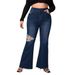 Women's Clothing Plus Size Denim Flared Jeans Dark Blue Ripped And Frayed Hem European And American Style For Women_mkmklike.com