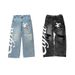 Distressed Washed Denim Jeans For Men & Women - Y2K Streetwear Low-Rise Straight Leg Pants With Patch & Letter Design_mkmklike.com