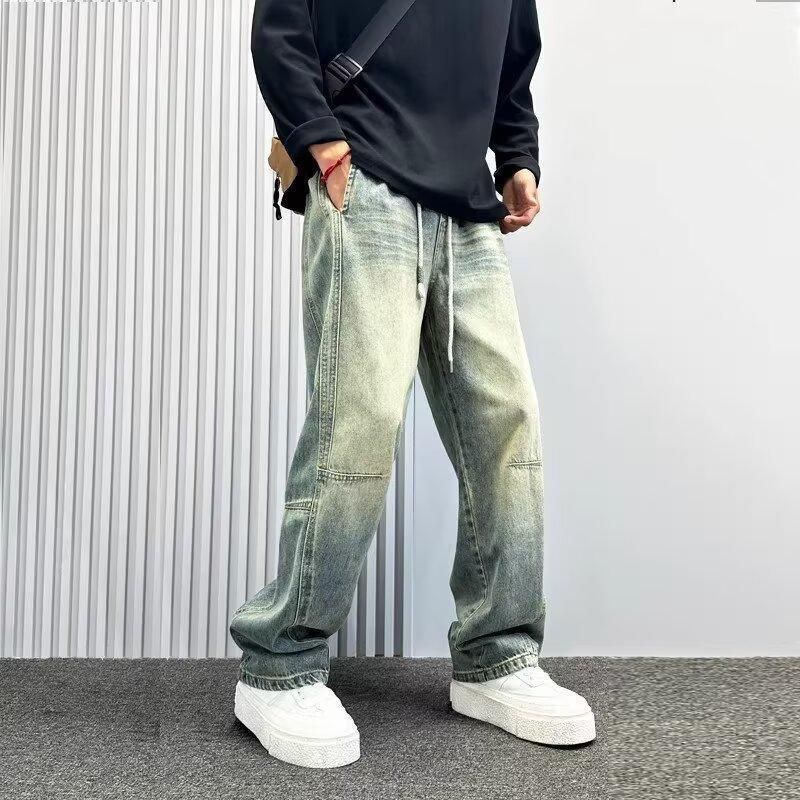 Men's Patchwork Curved Blade Jeans Straight Leg Loose Fit Wide Leg Pants Design Spring Autumn Plus Size_mkmklike.com