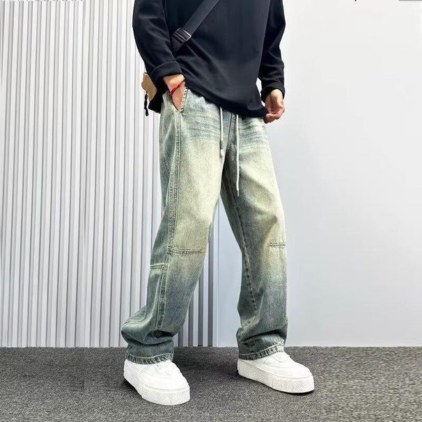 Men's Patchwork Curved Blade Jeans Straight Leg Loose Fit Wide Leg Pants Design Spring Autumn Plus Size_mkmklike.com