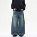 Vintage Washed Distressed Jeans – Retro Wide Leg Loose Fit For Men & Women, 90s Grunge Style With Curved Hem_mkmklike.com