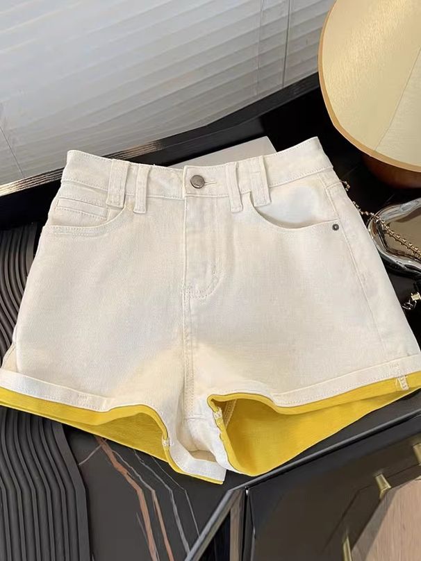 Women's Clothing Dopamine Lemon Yellow Denim Shorts Summer Design Contrast Color A Line Wide Leg Hot Pants_mkmklike.com