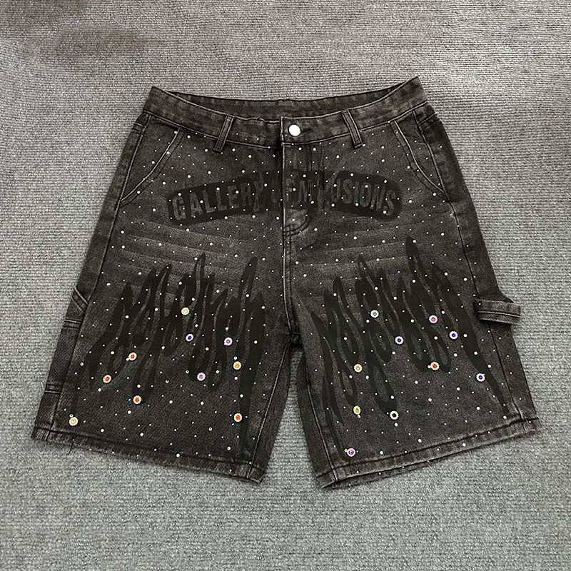 Men's Y2K Streetwear Denim Shorts - Hand-Drawn Print & Rhinestone Embellished Baggy Cargo Shorts For Summer_mkmklike.com