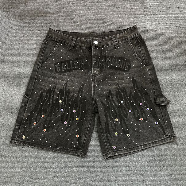 Men's Y2K Streetwear Denim Shorts - Hand-Drawn Print & Rhinestone Embellished Baggy Cargo Shorts For Summer_mkmklike.com