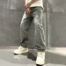 Jacquard Pattern Denim Pants Male Straight Fitting Baggy Bottoms Distressed Wide Jeans For Men_mkmklike.com