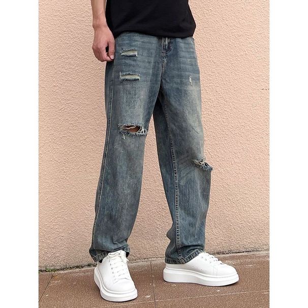 Men's Distressed Jeans, Loose Fit High Street Fashion Retro Washed Straight Leg Trousers, Slimming Versatile Casual Denim Pants_mkmklike.com